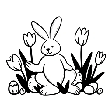A stone bunny statue sitting serenely in a garden. The bunny is textured with intricate details, showcasing its fur and posture. Surrounding the bunny are blooming tulips with various shapes and sizes, their petals open and facing upward. Scattered throughout the garden are hidden Easter eggs, some partially buried in the soil, while others peeking out from behind the tulips, adding an element of surprise. The scene is composed with a sense of harmony and tranquility, emphasizing the beauty of the garden setting.