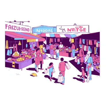 A vibrant market square is filled with numerous vendors displaying an array of colorful wares. Stalls are adorned with bright fabrics and various handmade crafts. Shoppers are actively browsing, some holding shopping bags filled with their purchases. A group of children is playing nearby, while others gather around a vendor offering fresh fruits. The atmosphere is lively and energetic, showcasing a diverse crowd interacting and enjoying the market experience.