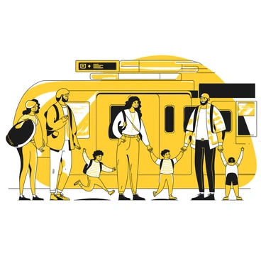 A family consisting of two adults and three children is waiting at a metro station. The parents are standing close together, smiling as they hold hands with two of the children, while the third child, a young boy, is jumping with excitement near them. All of them have backpacks slung over their shoulders. The father is wearing a jacket, while the mother is in a casual top and jeans. The children are dressed in colorful clothing. In the background, a metro train is approaching the platform, and there are informational signs and advertisements visible on the walls. The family looks enthusiastic as they prepare for their adventure in the city.