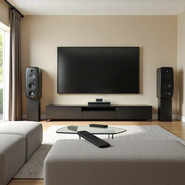A modern home theater system featuring sleek, black speakers arranged symmetrically around a large flat-screen television mounted on the wall. The speakers have a glossy finish and are positioned on stands, with the front pair slightly angled towards the seating area. A stylish remote control rests on a glass coffee table in front of a plush sectional sofa upholstered in a soft gray fabric. The living room is warmly lit, showcasing soft beige walls and a large area rug beneath the coffee table. Floor-to-ceiling curtains frame the window, allowing natural light to filter in, enhancing the cozy atmosphere of the space.