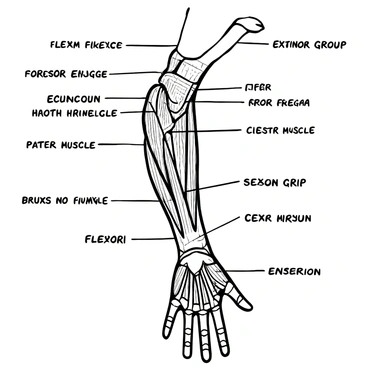 A detailed anatomical illustration showcasing the muscles involved in "Hogan's grip". The image features a hand in the grip position, with various muscles clearly labeled, including the forearm muscles such as the flexor and extensor groups. The muscles are depicted with clear outlines to indicate their connections and functions. Diagrams highlight the tendons extending into the fingers as they engage in the grip. Additional descriptive labels accompany each muscle, providing anatomical names and functions.