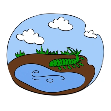 A centipede reflecting in a shimmering puddle under a clear sky