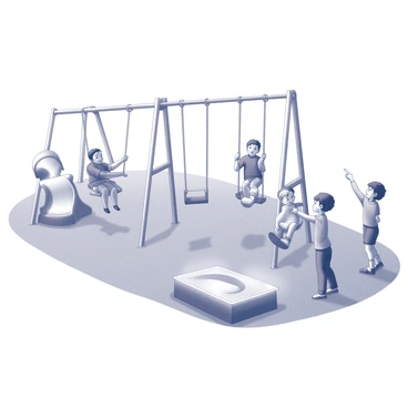 A playground scene filled with children engaging in various activities. In the center, one child is pointing towards another child who is playing on the swings. The child on the swings has a joyful expression, while a few other children stand nearby, observing the interaction with curiosity. The playground features swings, a slide, and a sandbox, all surrounded by green grass. Various playground structures are visible, creating a lively atmosphere.