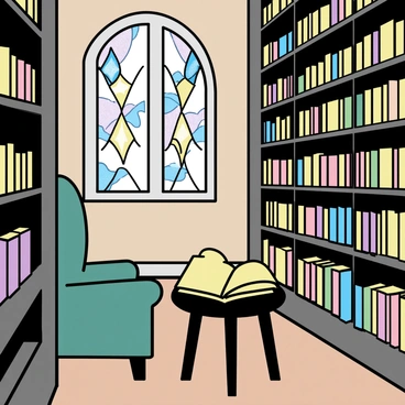 A quiet corner of the Hogwarts library features towering shelves filled with ancient books, each spine adorned with intricate gold lettering. Soft, warm light filters in from a nearby stained glass window, casting colorful patterns on the wooden floor. In the center, a small round table made of dark mahogany holds an open tome, its yellowed pages slightly curled. A plush, green armchair sits nearby, inviting one to sit and read. The atmosphere is tranquil, with the faint scent of parchment and ink lingering in the air.