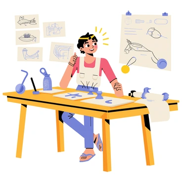 "Hermes" is depicted as a youthful figure with winged sandals and a playful demeanor. He is seated at a wooden workbench cluttered with various metallic tools, such as hammers, wrenches, and pliers. Scattered across the table are rolled-up "blueprints" featuring intricate sketches of fantastical inventions. The background showcases more blueprints pinned to a wall, along with a few half-finished creations, like a whimsical mechanical bird and a glowing orb. Hermes is concentrating, with one hand holding a tool and the other pointing at a drawing, bursting with creativity and energy.