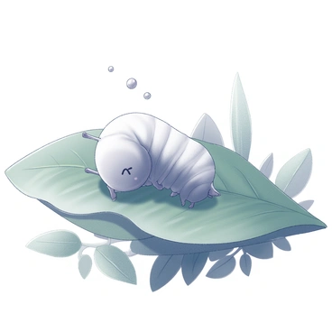 A caterpillar is curled up on a large green leaf. It has a soft, segmented body with tiny legs beneath it, and its head is slightly turned as if lost in thought. Above the caterpillar, a few delicate droplets of water are suspended in the air, creating a serene atmosphere. The caterpillar's eyes are closed, suggesting it is dreaming. Surrounding the leaf are various shades of green foliage, providing a natural backdrop that enhances the moment of tranquility and contemplation.
