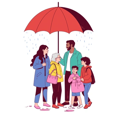 A large red umbrella is opened wide, providing shelter to a group of diverse individuals standing underneath it. The umbrella has a sturdy black handle and spans above them, creating a protective barrier against the rain that falls in visible droplets around them. Below the umbrella, there are five people of different ethnicities: a young Hispanic woman with long black hair wearing a teal raincoat, a middle-aged Black man with a light beard in a blue jacket, an elderly Asian woman with gray hair holding a pink handbag, a Caucasian teenager in a yellow hoodie, and a Middle Eastern child with curly hair in an orange rain jacket. The atmosphere is filled with a sense of camaraderie and shared shelter as they chat and smile at each other, with puddles forming on the ground beneath them.