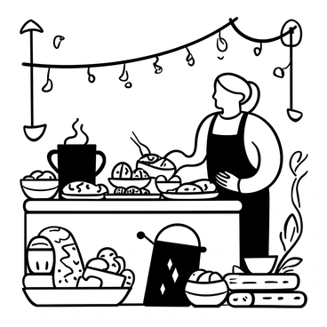 A street food vendor in Pahalgam is surrounded by a variety of traditional delicacies displayed on a wooden table. The vendor, wearing an apron, is serving steaming hot dishes to a line of eager customers. There are colorful plates of "Rajma", "Kashmiri Dum Aloo", and "Gushtaba" arranged enticingly. Nearby, a kettle of bubbling tea sits atop a portable stove. Several small bowls filled with chutneys and pickles are also present on the table. Festival decorations, including banners and strings of lights, are visible in the background, creating a lively atmosphere.