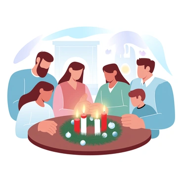 A family of four is gathered around a circular Advent wreath on a wooden table at home. The wreath is decorated with evergreen branches, red and white candles, and small ornaments. One parent is gently lighting one of the candles, while the other parents and the children are bowing their heads in a prayerful manner. Soft glowing light from the candles reflects on their faces, creating a warm atmosphere. In the background, there are festive decorations on the walls and a faint glow from a fireplace.