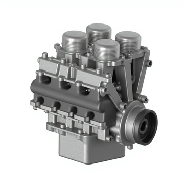 A detailed cross-section of a car engine, featuring prominently the pistons with a shiny metallic surface and the crankshaft with a series of defined grooves. The pistons are positioned within the engine's cylinders, showing their connection to the crankshaft. Surrounding these components are various engine parts, such as the cylinder head, valves, and camshaft, all meticulously rendered to showcase their functionality. The engine block is designed with a rugged texture, emphasizing the mechanical complexity of the assembly. The overall color scheme includes shades of gray and silver, typical of automotive machinery.