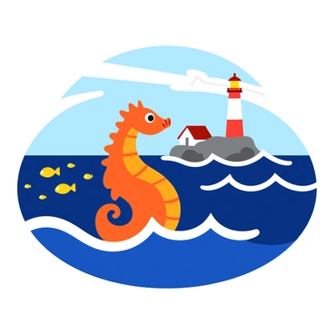 A small seahorse with intricate, curled fins is positioned in the foreground, its body a vibrant shade of orange with delicate patterns. In the background, a tall lighthouse stands on a rocky shore, with its light beam cutting dramatically through the dark blue ocean waves. The lighthouse is painted in bright white and red, contrasting against the deep blue of the sea. The ocean waves are animated and splashing gently, reflecting the light from the lighthouse, while a few tiny schools of fish swim near the seahorse, creating a lively underwater scene.