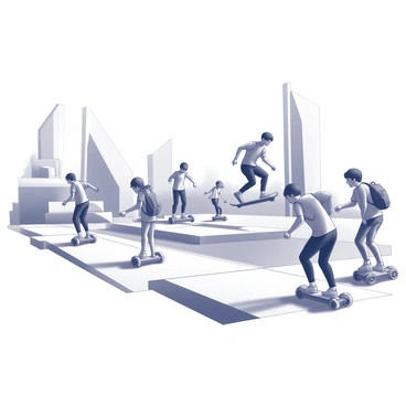 A group of teenagers is engaged in performing tricks on hoverboards. They are positioned at various angles throughout a modern park, showcasing their skills and balance. The park features futuristic architecture with sleek, geometric lines and innovative structures that create a dynamic backdrop. Some of the teenagers are executing mid-air spins or jumps, while others are racing along paved pathways. The scene captures an energetic atmosphere filled with movement and excitement.
