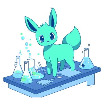A teal Eevee with wide eyes is standing on a laboratory counter, intently observing several bubbling beakers. The beakers are filled with colorful liquids that are creating vibrant bubbles, and there are various science tools scattered around the counter. The Eevee's ears are perked up, showing its curiosity, as it tilts its head slightly to get a better look at the fascinating experiment in front of it. Bright white light is shining from overhead, illuminating the scene.