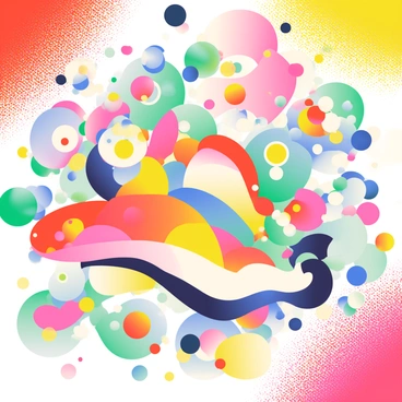 A digital canvas features a vibrant explosion of colors, showcasing a mix of bright reds, blues, yellows, and greens. The background is filled with swirling abstract patterns that intertwine and overlap, creating a dynamic sense of movement. In various sections, geometric shapes like triangles and circles add structure to the chaos. The colors bleed into one another, creating gradients and blending effects, while some areas are more densely packed with color while others remain lighter, providing contrast and depth.