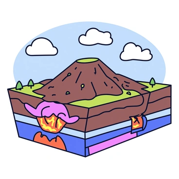 A detailed cross-sectional view of an island formed from volcanic activity. The island features a central volcano with a conical shape, surrounded by layers of hardened lava and volcanic ash. The exterior of the island displays rocky terrain and sparse vegetation, indicating the recent formation. Below the surface, magma chambers and a network of tunnels can be seen, with molten lava flowing through them. Above the island, wispy clouds float in a clear blue sky.