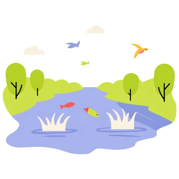 A wide, tranquil river flows gently through the center of the image, reflecting the blue sky above. Several fish are leaping out of the water, creating splashes as they jump. In the background, a variety of colorful birds are flying overhead, with their wings outstretched. Lush green trees line the riverbanks, providing a natural border to the scene. Soft clouds drift lazily in the sky, adding to the peaceful atmosphere.