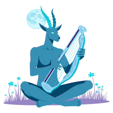 A horned figure of Baphomet, featuring a goat's head and human-like body, is seated cross-legged in a moonlit meadow. The eyes glow softly, reflecting the light of the full moon above. Baphomet is playing a beautifully ornate harp, with intricate carvings along its body. The meadow is dotted with wildflowers that shimmer in the pale moonlight. Shadows create a serene atmosphere, while gentle breezes cause the grass to sway lightly around the figure. The scene conveys a sense of quiet contemplation and harmony with nature.
