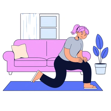 A person wearing a fitted grey t-shirt and black workout leggings is performing pelvic tilts on a light-colored living room floor. The individual is positioned on a soft exercise mat, with their knees bent and feet flat on the ground. Their hands are resting on their hips for stability. The living room features a cozy couch in the background and a potted plant near a window, allowing natural light to brighten the space.