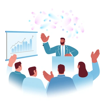 A business professional is standing at a podium in front of an audience, receiving applause. The professional is wearing a tailored suit and has one hand raised in acknowledgment of the applause. The audience is clapping enthusiastically, with some people standing and others seated. A projector screen behind the professional displays a chart with upward trends. The atmosphere conveys a sense of achievement and success, highlighted by colorful confetti falling from above.