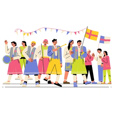 A festive procession of people in traditional Cornish costumes celebrating "St Piran's Day." The scene features individuals wearing colorful skirts and waistcoats with intricate patterns. Some participants are carrying flags with the Cornish flag design prominently displayed. In the background, there are banners and decorations, adding to the celebratory atmosphere. The procession includes musicians playing traditional instruments, with one person playing a flute and another a drum. Around the participants, there are onlookers cheering and clapping, creating a lively and spirited scene. Brightly colored flowers are woven into the costumes, enhancing the festive mood.