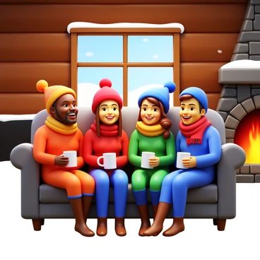 A group of friends sitting together on a cozy couch in a rustic cabin. The cabin features wooden walls and a stone fireplace with glowing embers. Snow can be seen through a window, creating a winter backdrop. The friends are bundled in warm blankets, wearing knitted hats and scarves. They are smiling and laughing, surrounded by mugs of hot cocoa. A warm, inviting atmosphere fills the space.