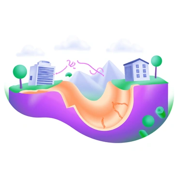 A modern pastel illustration depicting an earthquake scene. There are visible waves rippling across the Earth's crust, illustrated as undulating lines and curves. Small buildings sway slightly, with cracks appearing in their foundations. Trees are bending, showing the intensity of the shaking. In the background, a distant mountain range is slightly displaced, emphasizing the movement of the Earth. The sky is a muted shade to reflect the tumultuous atmosphere.