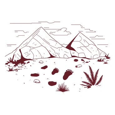 A rocky landscape features preserved footprints of dinosaurs embedded in the ground. The footprints vary in size and shape, indicating different species that once roamed the area. Surrounding the footprints, there are scattered patches of vegetation resembling ferns and other prehistoric plants. The sky above is overcast, adding a sense of depth to the scene. The rocky terrain is rugged and uneven, with visible layers of sediment that hint at the geological history of the area.