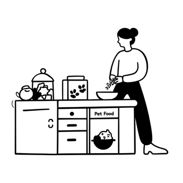 A pet owner is standing in a kitchen, organizing two separate containers on a countertop. One container labeled "Pet Food" is made of metal and features a paw print design, while the other container labeled "Family Food" is made of glass with a lid. A bowl for the pet food sits next to the "Pet Food" container, and a wooden cutting board with fresh vegetables is placed near the "Family Food" container. The owner is carefully placing a scoop of pet food into the bowl, ensuring a clear distinction between the two types of food.