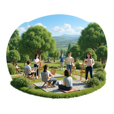 A group of five students of diverse ethnic backgrounds, standing in a picturesque park filled with lush greenery and vibrant flowers. They are equipped with sketchbooks, pencils, and easels. One student with curly hair is seated on a blanket, focused on sketching a large oak tree. Another student with straight hair is standing next to a fountain, capturing the flowing water in their drawing. The lecturer, a middle-aged woman with glasses, walks among the students, offering guidance. A beautiful landscape of rolling hills and a clear blue sky serves as the backdrop.