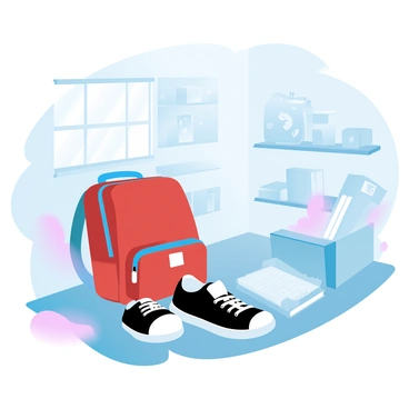 A school bag sits in the corner of a lost and found room. The bag is red with a blue zipper and has a small tag attached to it. Surrounding the bag are various other items, including a pair of black sneakers, a lunchbox with cartoon characters on it, and several loose notebooks stacked haphazardly. The room has shelves filled with forgotten objects and an overflowing box in the corner. The light filtering in through a nearby window creates a warm glow on the scene.