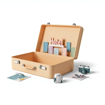 A large, open suitcase sitting on a flat surface, with various travel items like a camera, sunglasses, and a map scattered around it. Inside the suitcase, there is a small 'Hotel' sign made of wood, prominently displayed. Flanking the sign are several miniature doors, each with different designs, colors, and textures, suggesting various hotel room themes. The suitcase has a warm, inviting color, and the surrounding items add to the travel ambiance.