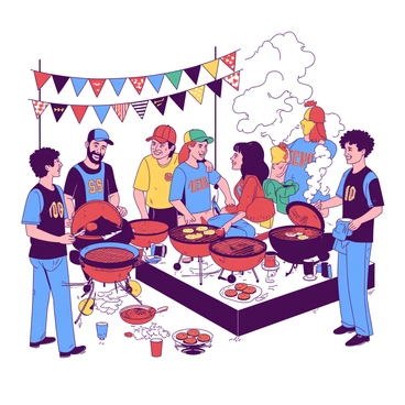 A group of enthusiastic fans are gathered at a tailgate party, surrounded by vibrant team banners in various colors. Some fans are wearing matching team jerseys and hats, showing their support. There are several barbecues set up, with smoke rising and the smell of grilled food filling the air. One fan is flipping burgers on a barbecue, while another is pouring drinks into cups. Tables are set up with snacks and side dishes, and friends are laughing and chatting, creating an atmosphere filled with excitement.