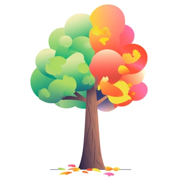 A tall tree stands prominently in the center of the image. The left half of the tree is adorned with vibrant green summer leaves, glistening under soft sunlight. The right half transitions into rich autumn colors, featuring hues of orange, red, and yellow leaves that seem to flutter in a gentle breeze. The trunk of the tree is sturdy and textured, showcasing bark with deep grooves and a rough surface. The ground below is scattered with fallen leaves in various stages of color, creating a natural carpet that reflects the tree's seasonal change.