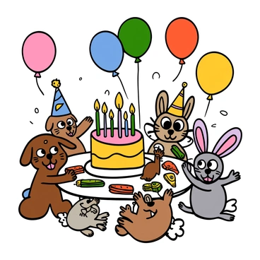 A colorful birthday party taking place in a bright, cheerful setting. There are various balloons in different shapes and colors floating above the scene. A large, round birthday cake decorated with colorful icing and candles sits on a table. Various young animals, including a playful puppy with big eyes and fluffy fur, a curious kitten with big eyes and whiskers, and a cheerful bunny with big eyes and soft ears, are gathered around the table. They are playing games and laughing together, with some holding party hats and others reaching for slices of cake. The atmosphere is filled with joy and excitement, making it a perfect celebration.