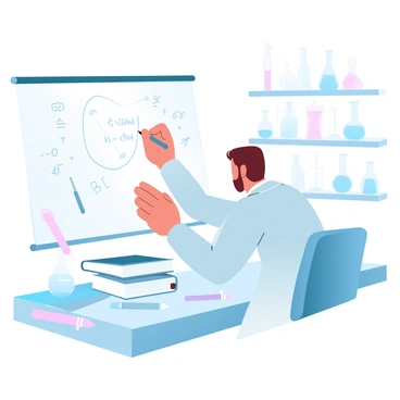 A scientist with short hair is writing complex equations on a whiteboard. The scientist is wearing a lab coat and has a concentrated posture, leaning slightly forward as they write. The whiteboard is filled with various mathematical symbols and diagrams. There are several colored markers scattered on a nearby desk, and various scientific books are stacked next to it. The background includes shelves filled with glass beakers and lab equipment.