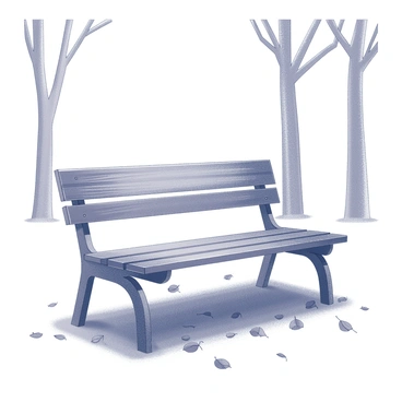 A park bench made of wood sits in a serene park setting. The bench is slightly weathered, showing signs of age with its natural grain visible. A thin layer of fallen leaves covers the seat and the ground around it, creating a textured appearance. The leaves vary in size and shape, some still retaining their detailed veins. In the background, there are tall trees with branches that seem to frame the bench, adding a natural feel to the scene. The ground is slightly uneven, hinting at the organic layout of the park.