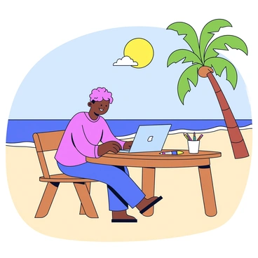 A freelance commercial artist is sitting at a wooden table on the beach. The artist is focused on a laptop, with a sketchbook open beside it. There are a few colorful pens and pencils scattered on the table. The sandy beach stretches out in front of the artist, with gentle waves lapping at the shore. A bright sun illuminates the scene, casting soft shadows. Palm trees are visible in the background, swaying gently in the breeze. The artist appears relaxed and inspired in this vibrant beachside environment.