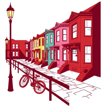 A charming Victorian street with colorful townhouses and gas lamps