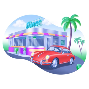 A vintage Porsche 911 in a vibrant red color is parked in front of a classic diner. The diner features a retro design with a shiny chrome facade, large glass windows, and a neon sign that reads "Diner" in bright blue letters. There are a few colorful stools at the diner’s counter, and a striped awning provides shade. The scene includes palm trees swaying gently in the background, and a blue sky with fluffy white clouds. The asphalt is reflecting the sunlight, enhancing the nostalgic atmosphere of the 1960s.