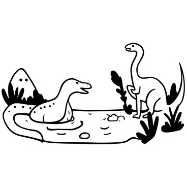 A mosasaurus partially emerging from a lake, with water cascading off its sleek body. At the edge of the lake, a large land dinosaur stands with its long neck extended and body poised. The surrounding environment features lush vegetation and rocky outcrops, adding detail to the scene. The sky is clear, enhancing the visibility of the meeting between these two prehistoric creatures. "A mosasaurus" and "a land dinosaur" are prominently displayed in the center of the image.