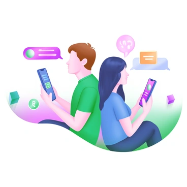 A modern pastel illustration depicting two people sitting back-to-back. One person has short brown hair and wears a green shirt, while the other has long black hair and is dressed in a blue top. Each individual is holding a smartphone, with their screens illuminated, showcasing various messaging apps. Between them, there are visual elements representing communication, such as speech bubbles and question marks. The background is a soft gradient of pastel colors, adding a calming effect to the scene.