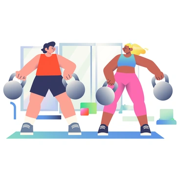 Two friends are performing kettlebell deadlifts side by side in a bright and welcoming gym. One friend has short black hair and is wearing a red tank top with black shorts, while the other has long blonde hair tied in a ponytail and is dressed in a blue sports bra and pink leggings. They both have focused expressions on their faces. The kettlebells are metallic gray, and the gym features large windows that allow natural light to fill the space. In the background, there are exercise mats and fitness equipment.