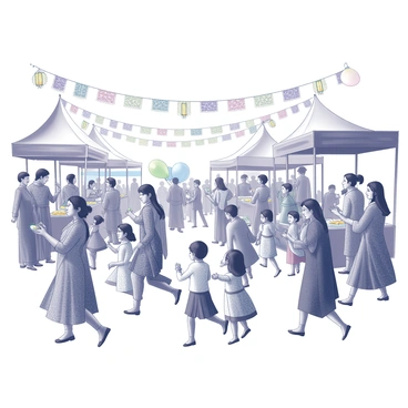 A bustling festival scene filled with people wearing "traditional Bengali attire." Some individuals are adorned in "sarees" with intricate patterns, while others are dressed in "kurta" with detailed embroidery. There are colorful stalls around with "decorative lanterns" and "festive banners" hanging overhead. Families are gathered, enjoying "traditional sweets" and engaging in conversations. In the background, a "musical performance" is taking place, with musicians playing "traditional instruments." Children are running around, some holding "colorful balloons." The atmosphere is filled with joy and excitement.