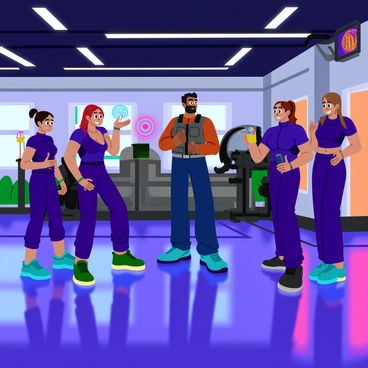 A group of five new recruits wearing sleek, form-fitting training suits stands in a futuristic gym. They are engaged in various training exercises, showcasing their determination and focus. In the center, a seasoned mercenary with a rugged appearance and a tactical vest observes them closely, offering guidance. The gym is equipped with advanced training equipment, including holographic targets and weightlifting machines with digital displays. Bright neon lights illuminate the space, casting vibrant colors on the polished floor. The atmosphere is dynamic, filled with the sounds of energetic training and motivational shouts.
