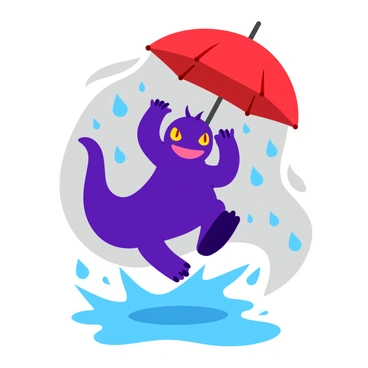 A purple Gengar with a wide grin is holding a bright red umbrella above its head. The Gengar is depicted mid-leap, with one foot above a small puddle. Raindrops are visibly splashing around as the creature jumps, creating ripples in the water below. The background features a gray, rainy sky, with hints of blue peeking through. The ground is wet and reflects the colors of the scene, adding to the playful atmosphere.