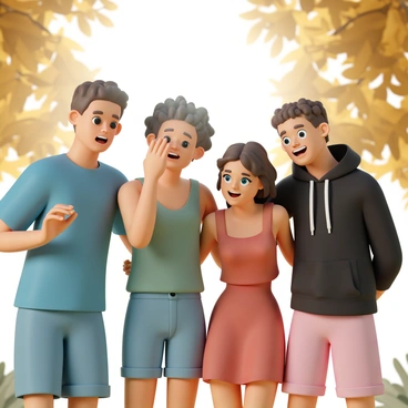A group of four friends, standing closely together outdoors. One friend, wearing a blue t-shirt and denim shorts, has their eyes squinted and mouth open in surprise. The second friend, with curly brown hair and a green tank top, raises their hand to shield their eyes. The third friend, dressed in a red dress, is leaning slightly back with a startled expression. The fourth friend, in a black hoodie, is laughing with wide eyes at the sudden flash from the camera. Bright sunlight filters through the trees in the background, creating a lively atmosphere.