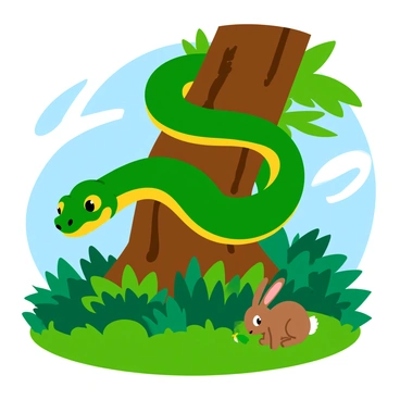 A giant green snake coiled around the thick trunk of a tree, its scales glistening in the sunlight. The snake's large, amber eyes are focused intently on a small, brown rabbit grazing on the forest floor below. Lush green leaves surround the tree, and dappled sunlight filters through the branches, creating a vibrant atmosphere. The snake’s long body contrasts with the rugged bark of the tree, emphasizing its size and strength. The rabbit remains blissfully unaware of the predator lurking above.