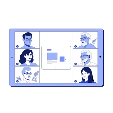 A virtual meeting is in progress with a grid layout of diverse participants displayed on a screen. Each participant is shown in their individual video box with clear head-and-shoulders views. One participant is a woman with curly hair wearing glasses, while another is a man with a neatly trimmed beard. A third participant is an older gentleman with grey hair, and a fourth is a young woman with straight black hair. In the center, there is a shared presentation slide visible on the screen. The faces of the participants display expressions of engagement, and some are taking notes. A muted microphone icon appears beside each video box of the participants who are not speaking. The background of each participant shows their home office environment with various decorations and plants.