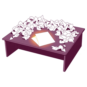 A desk made of dark wood is covered in a chaotic arrangement of crumpled white papers scattered in disarray. In the center of the desk, there is a single pristine page illuminated with a bright, radiant light, making it appear to glow against the surrounding clutter. The glowing page is flat and smooth, contrasting sharply with the messy texture of the crumpled papers, drawing immediate attention to it. The scene is filled with a sense of focus, highlighting the beauty of the perfect page amidst the disorder.