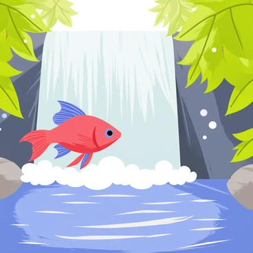 A betta fish with vibrant red and blue fins gracefully swimming near a cascading waterfall. The waterfall has shimmering water droplets splashing around it, creating a misty atmosphere. The background features lush green foliage, with rocks surrounding the base of the waterfall. Sunlight filters through the leaves, casting gentle reflections on the water surface where the betta fish glides.